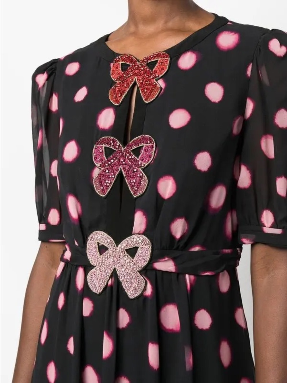 SALONI Black Dress with Pink Polka Dots and Bow Appliqués